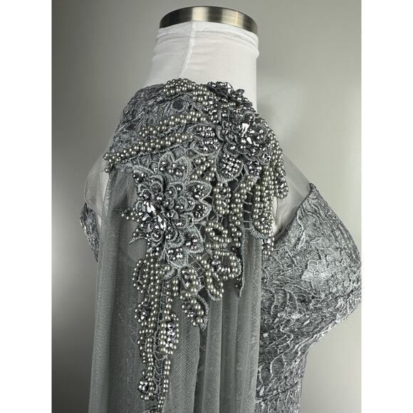 Dekolte Beaded Lace Sequin Evening Gown Mermaid Illusion Cape Sleeve Formal 42 - Picture 9 of 16